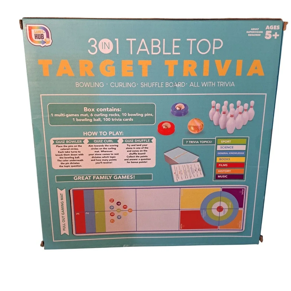 3 in 1 Table Top Target Trivia Bowling Curling Shuffle Board Game Ages 5+
